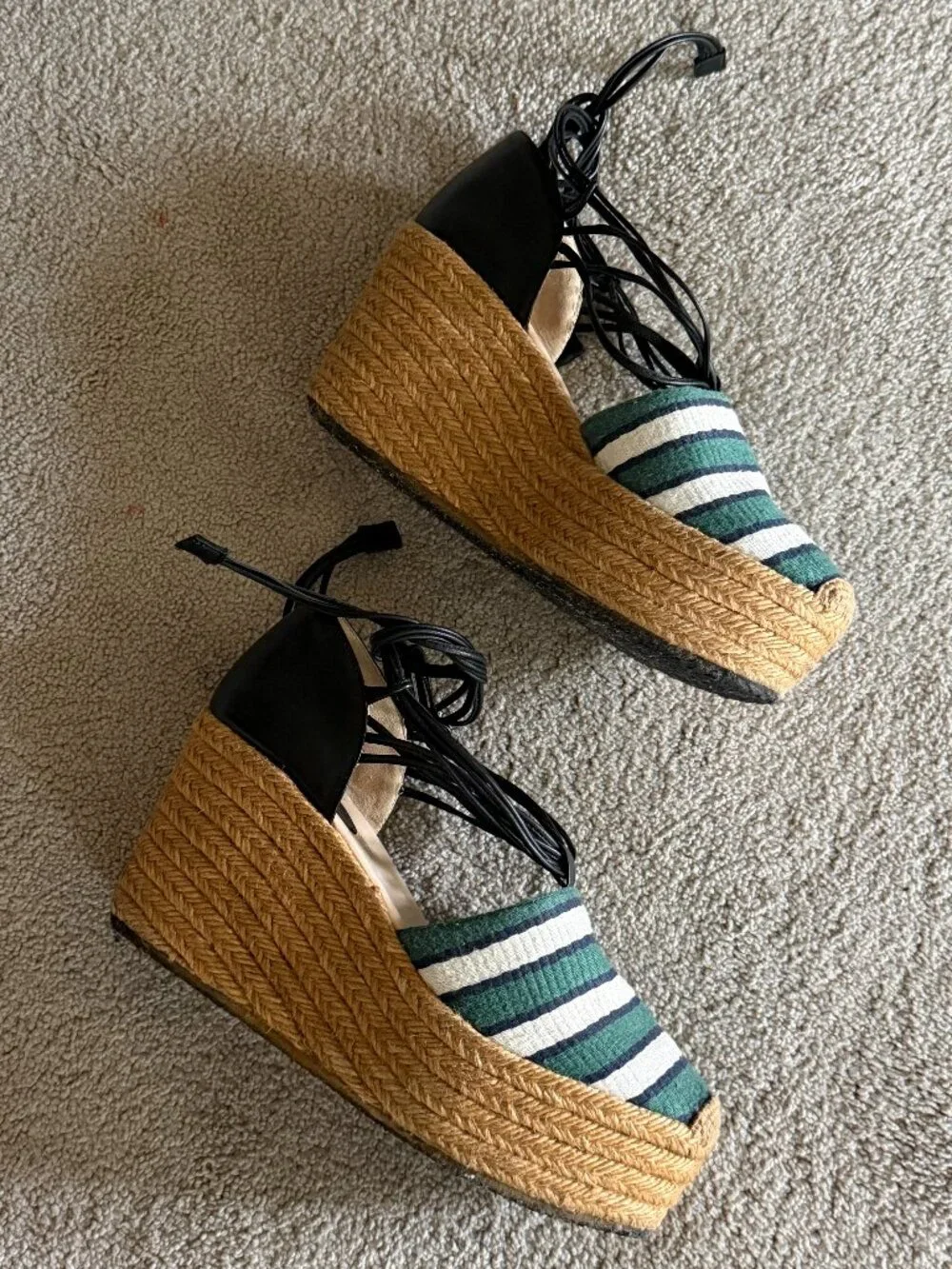 Chloe green striped/ leather straps espadrille wedges/ shoes sz 37 sz US 7